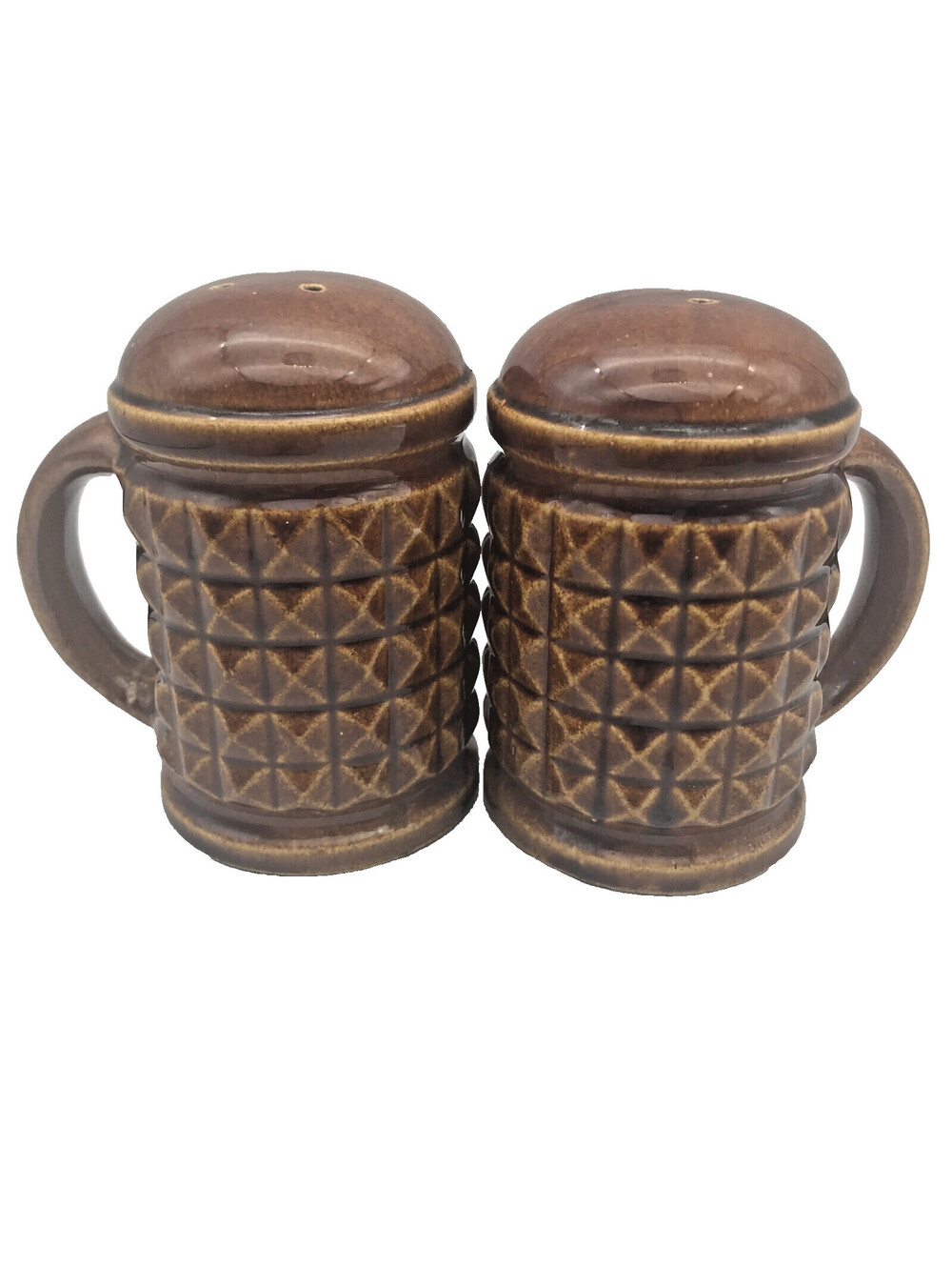 Vintage Brown Glaze Salt And Pepper Shakers Rangetop Diamond Handled Japan 4”